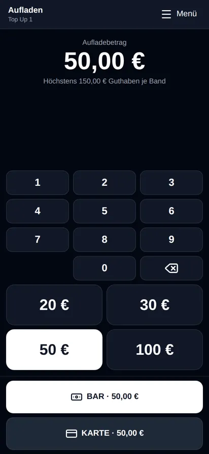 Kassen-App beim Aufladen von 20 Euro